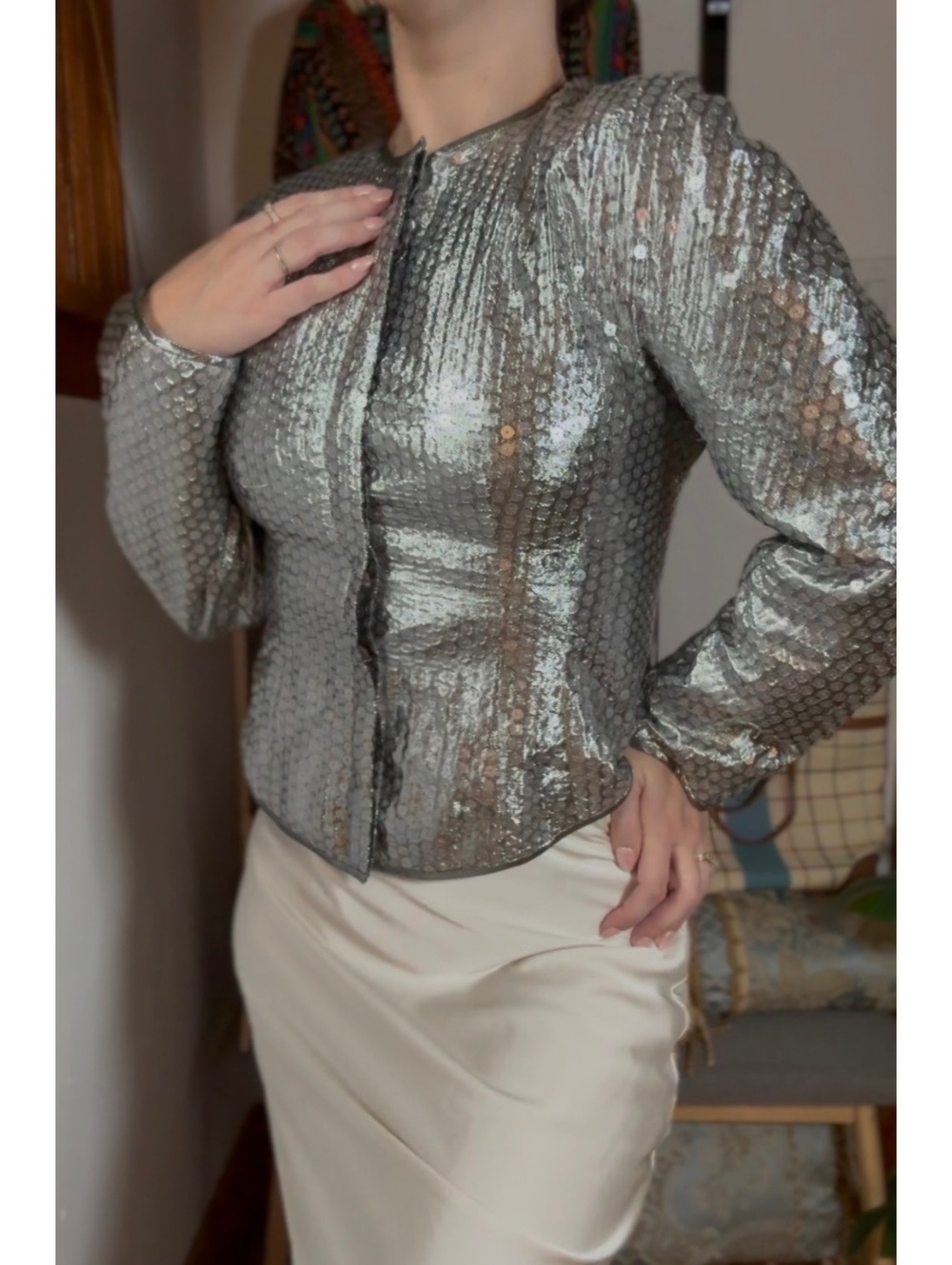 Vintage Women's Silver Sequin blazer with  shoulder pads size M